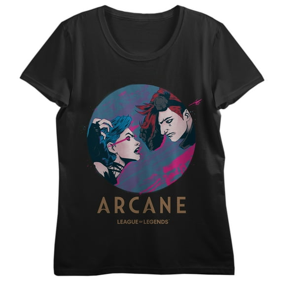 League Of Legends Arcane Jinx & Vi Confrontation Women's Black Crew Neck Short Sleeve T-shirt-Medium