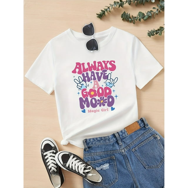 1 Pce T-Shirt Imprimé Dessin Animé "Always Have a Good Mood" pour Filles, Col Rond Décontracté à Manches Courtes, Polyester Légèrement Extensible, Mode Été