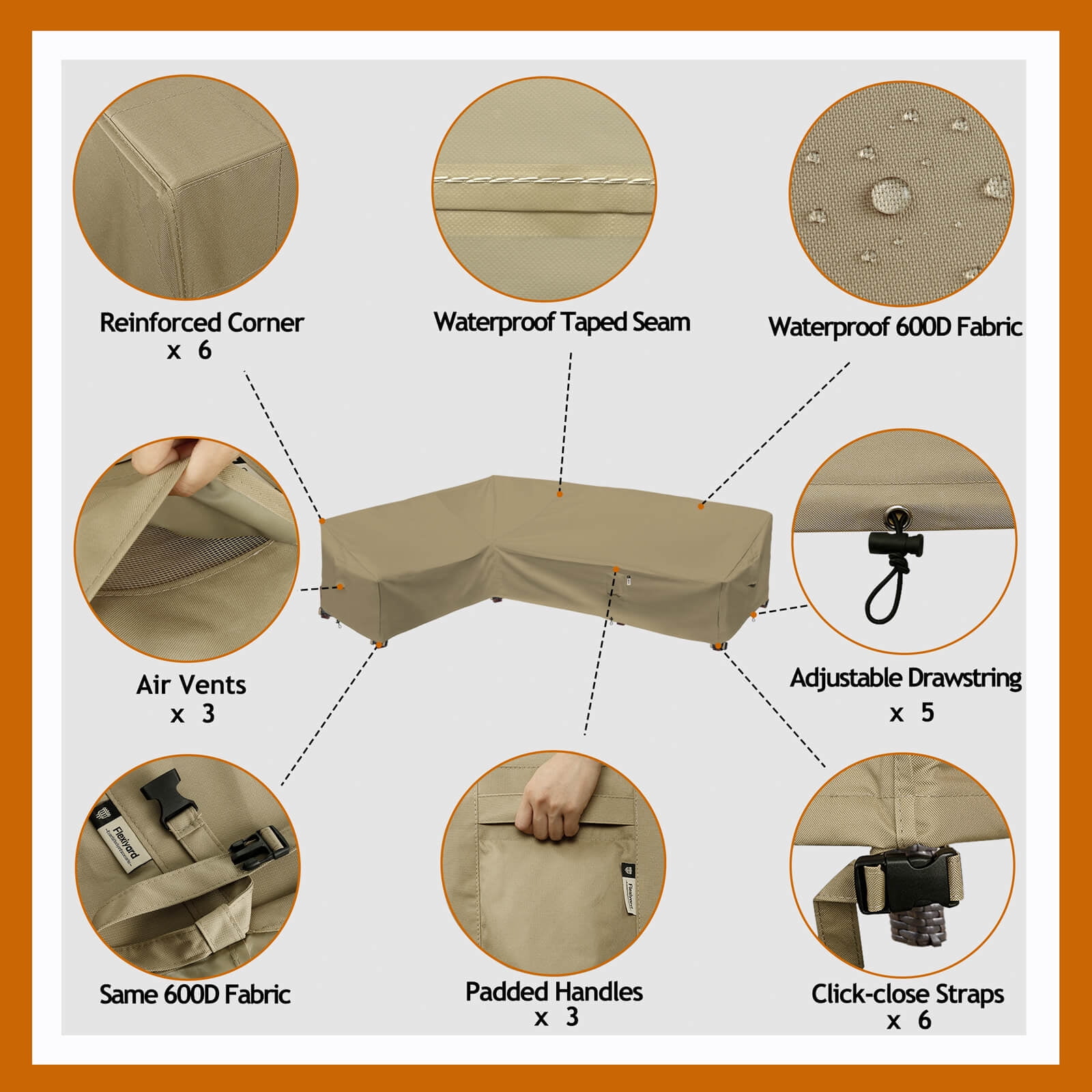 Flexiyard Patio Sectional Cover, 90"x120" Waterproof Beige Patio Furniture Cover