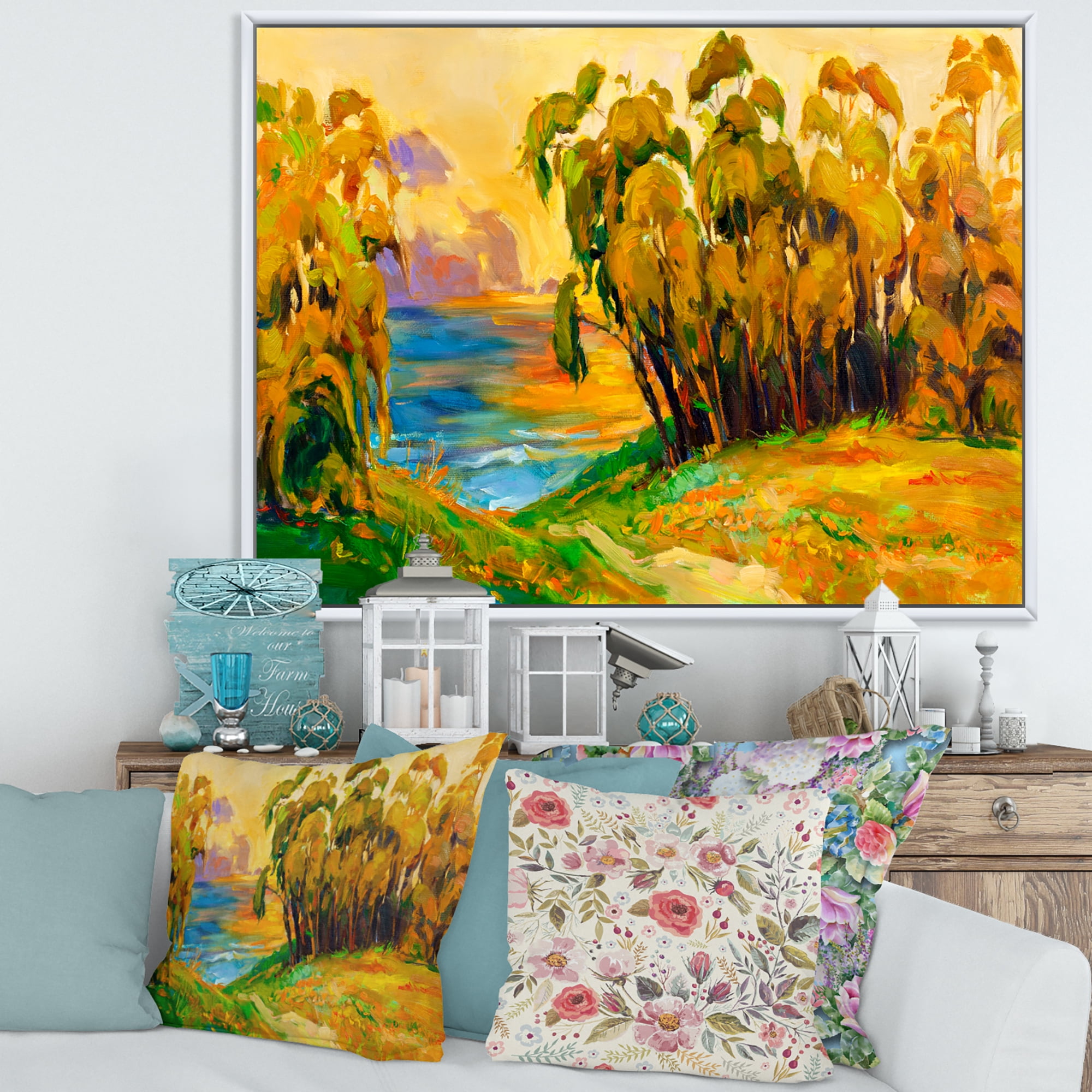Designart 'Brown Trees By The Riverside During Evenign Glow' Traditional Framed Canvas Wall Art Print