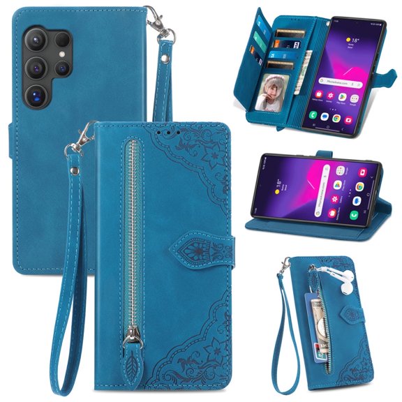 Flip Wallet Case for Compatible with Samsung Galaxy S24 Ultra Zipper Pocket Case with Card Holder Slot Magnetic Closure Lanyard Flip Cover Compatible with Samsung Galaxy S24 Ultra 5G 6.8inch