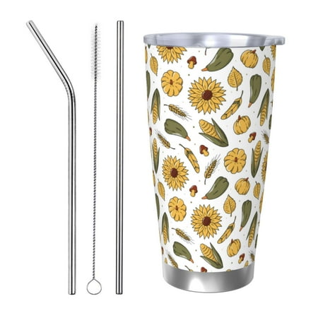 

Salouo Cartoon Corn Pumpkin Sunflower Print 20oz Tumbler with Lid Stainless Steel Vacuum Insulated Tumbler Durable Insulated Coffee Mug Thermal Cup with Splash Proof Sliding Lid-Straw Three-piece Set