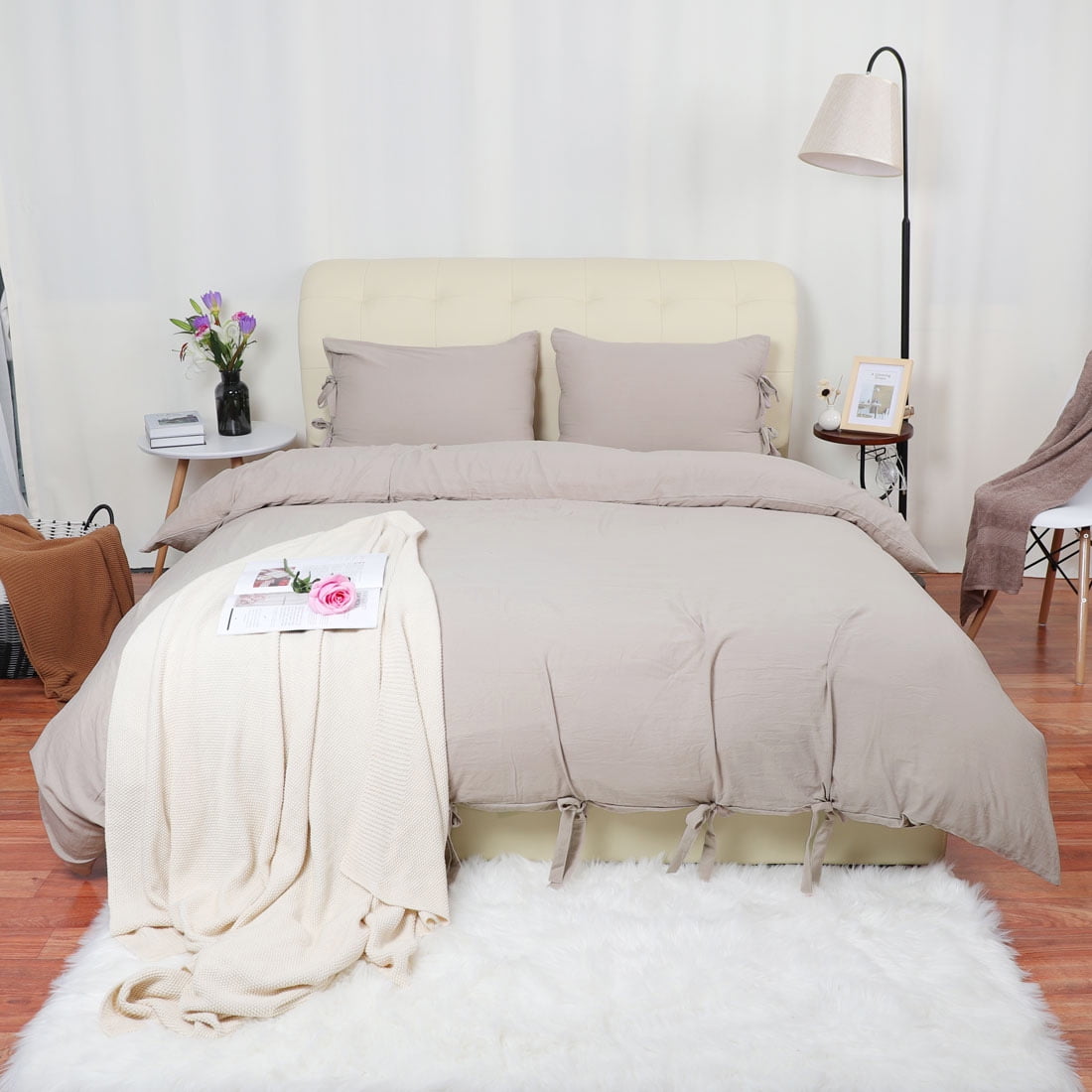Unique Bargains Washed Cotton Duvet Cover Pillowcase Bedding Set King Tan