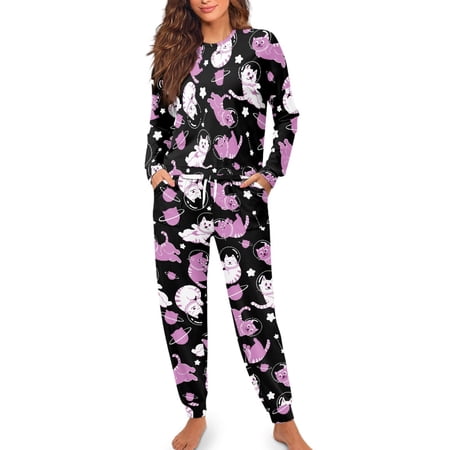 SCRAWLGOD Cat Stars Pink Black Pajama Sets for Women Long Sleeve Round Collar Tee and Drawstring Pant 2 Piece Sleep Lounge Sets Soft Pjs with Pockets & Elastic Band XL