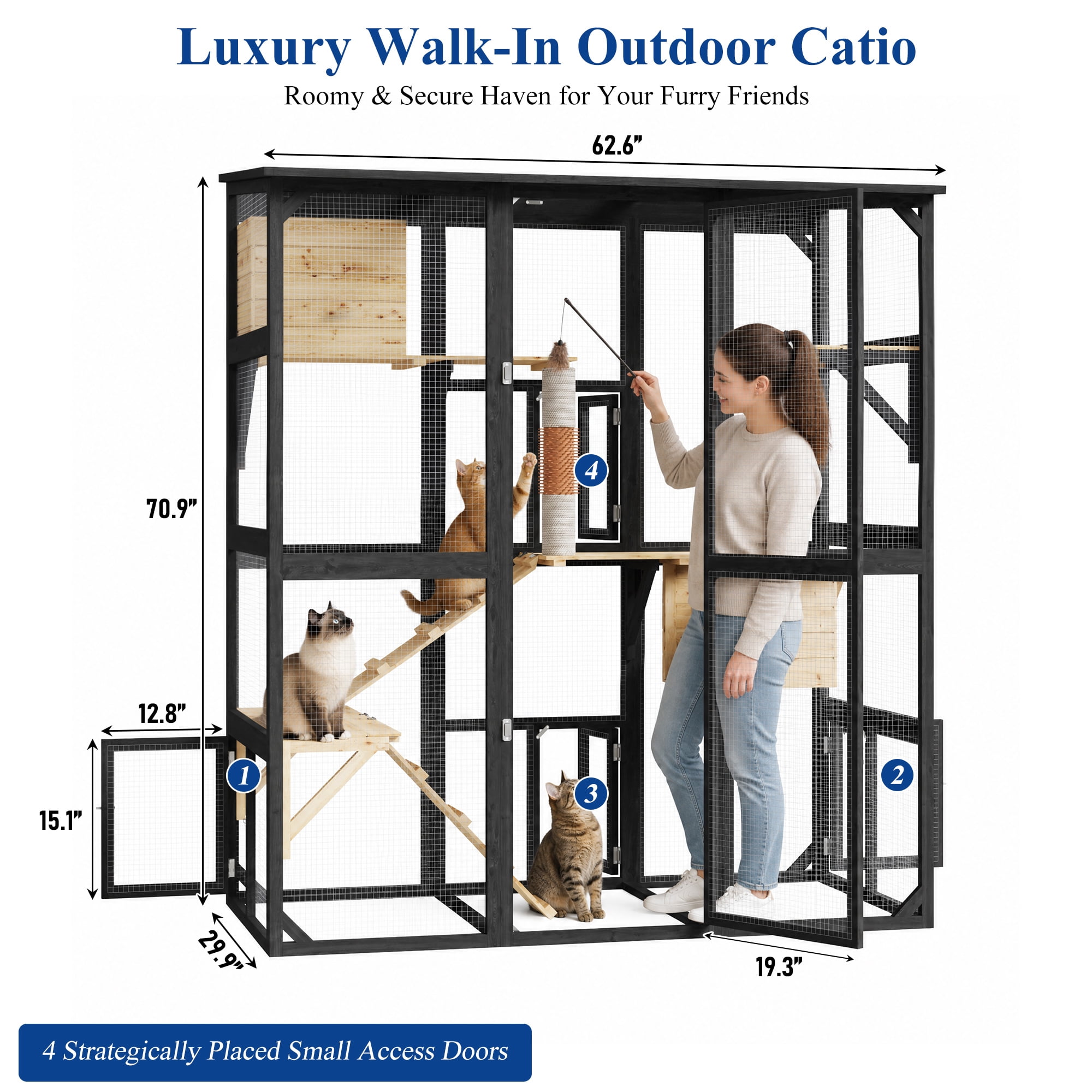 ANPOO 63''Luxury Walk-In Outdoor Catio, Large Wooden Cat Enclosure with Sloped Weatherproof Roof, Multi-Level Cat House with Cat Condo, Sisal Post & Ramps, Escape-Proof Cat Cage for Multiple Cats