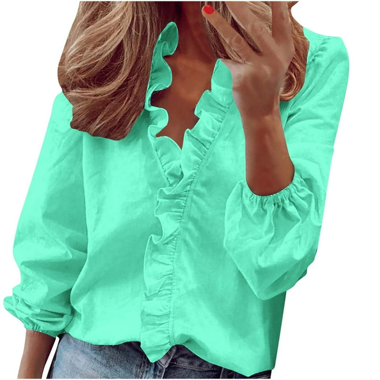 Elegant Solid Color Ruffle V Neck Blouses Elegant Solid Color Ruffle V Neck Blouses