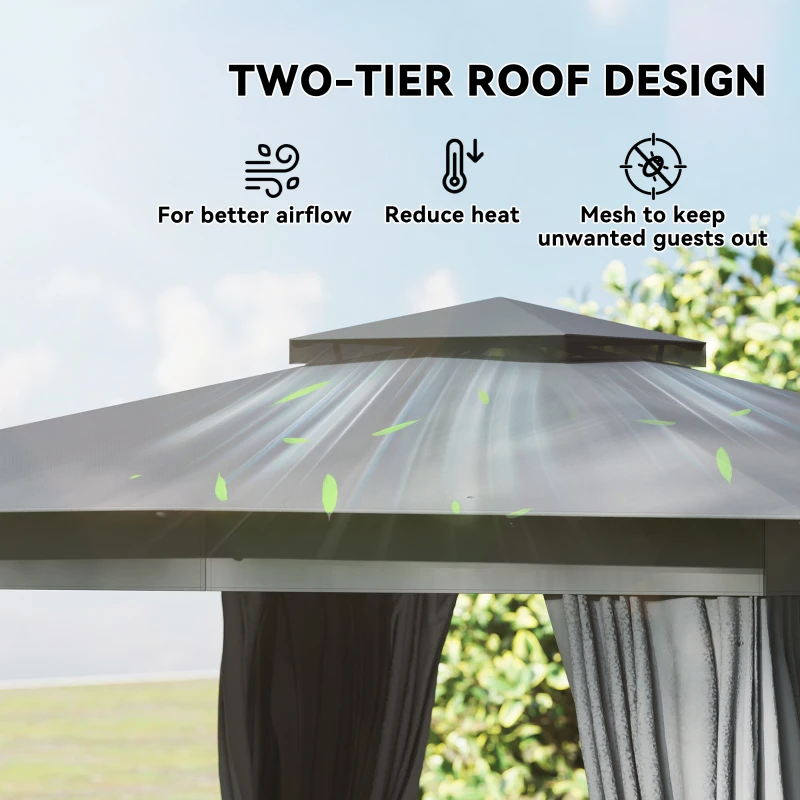 12 X 9 FT Double-roof Design Canopy Shelter, Large Outdoor Gazebo with Steel Columns, Outdoor Heavy Duty Party Tent with Mosquito Nettings and Privacy Screens for Backyard, Garden, Lawn, Dark Gray