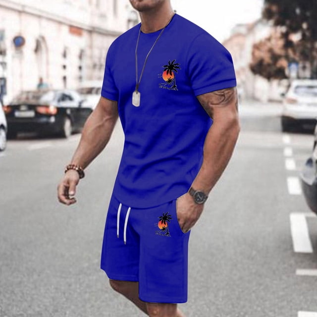 Ensemble de Sport pour Hommes, Catégorie de Produits et Titre, Phrase Anglaise, Ensemble d'Athlétisme d'Été pour Hommes, Manches Courtes Décontractées, Col Rond, Imprimé Noix de Coco, Grande Taille