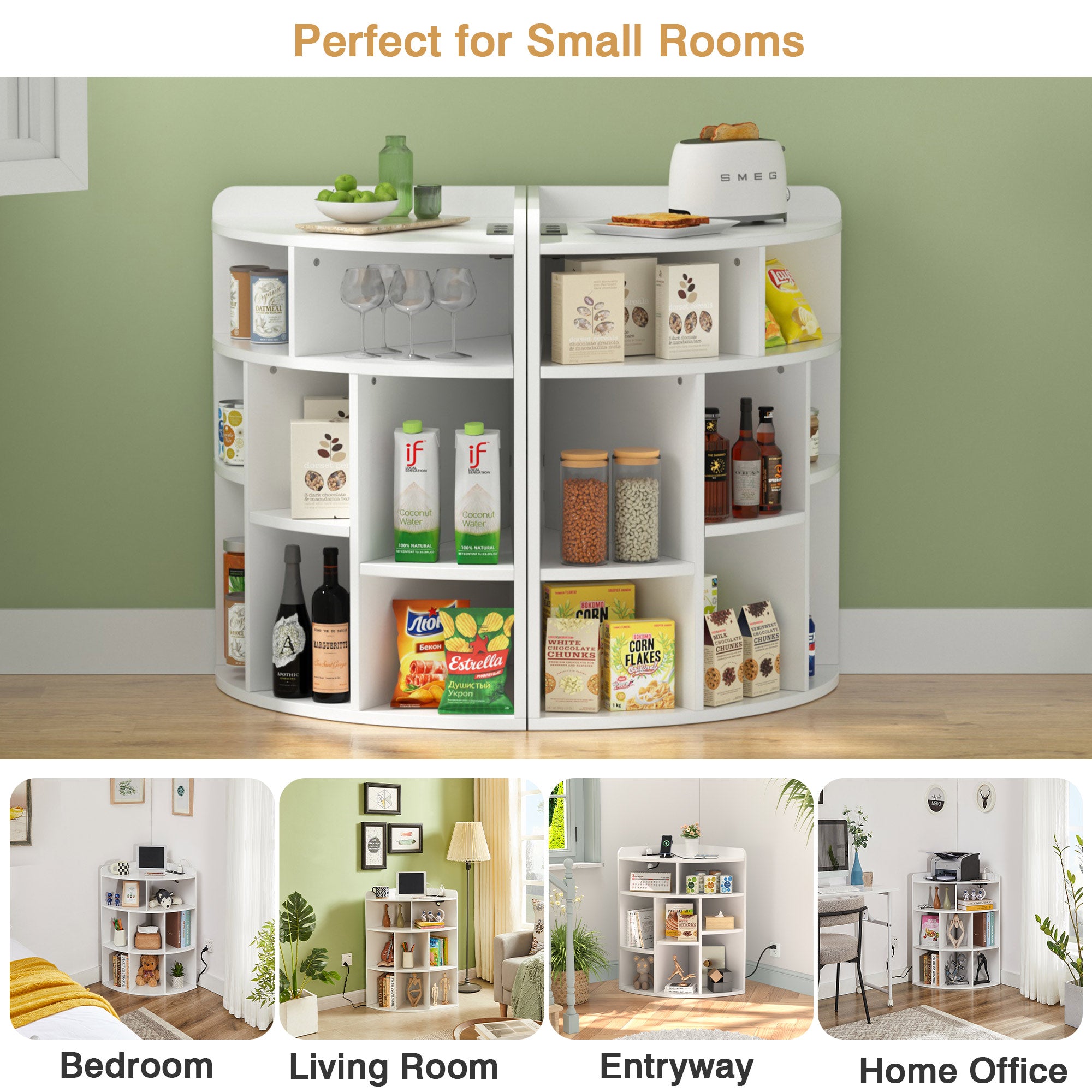 VECELO Corner Cabinet Storage with USB Ports and Outlets, Wooden Cubby Bookshelf for Small Space, Adjustable Shelves Corner Cube Toy Storage for Playroom, Bedroom, Living Room, White