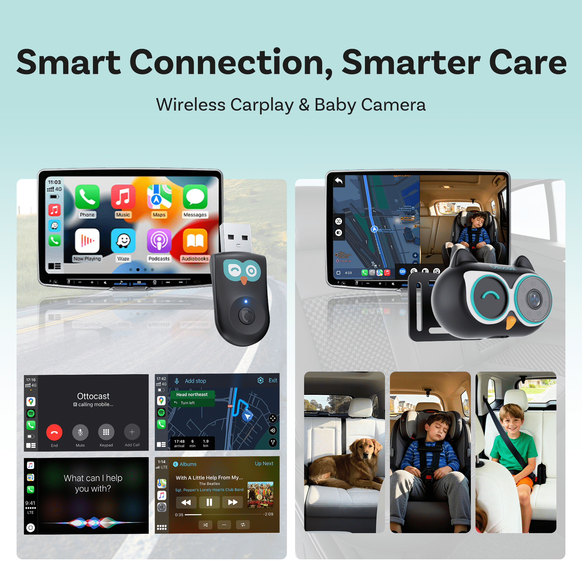Ottocast Cabin Care Wireless CarPlay Adapter with 1080P Rear Seat Baby Camera and Night Vision, 150° Wide Angle, Real-Time Rear Seat View, Easy Installation