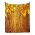 thumbnail image 1 of Fall Soft Flannel Fleece Throw Blanket, Colorful Vivid Seasonal Leaves on the Wooden Planks Natural Design Rustic, Cozy Plush for Indoor and Outdoor Use, 70" x 90", Yellow Orange Green, by Ambesonne, 1 of 6