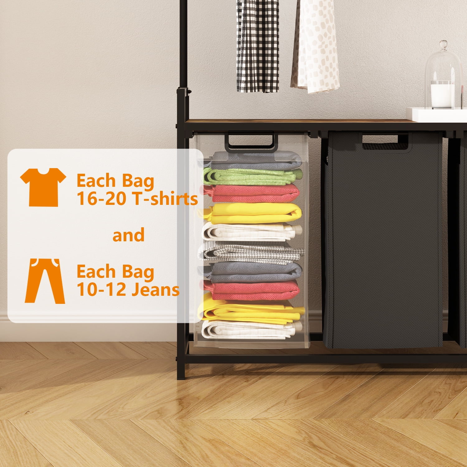 LENLN Large Laundry Hamper with Clothes Rack Hanging Bar, 3 Section Pull-Out & Removable Sorter Bags, Freestanding Laundry Basket Organizer for Bathroom