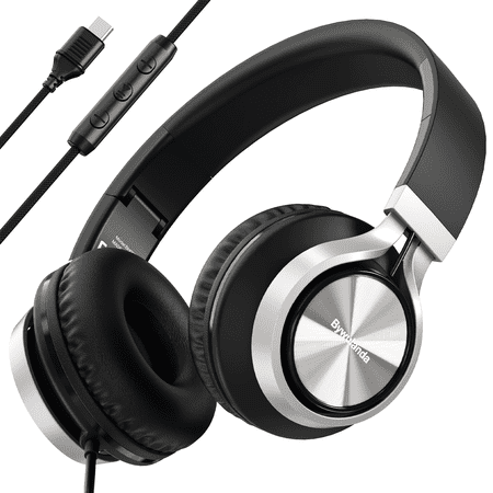 USB C Headphones with Mic and Volume Control, Over Ear Stereo Headsets, Wired Foldable Headphones for Smartphones Chromebook Laptop Tablets Travel(Black)