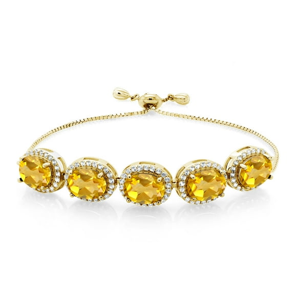 Gem Stone King 18K Yellow Gold Plated Silver Yellow Citrine Tennis Bracelet for Women (8.55 Cttw, Oval 9X7MM, Gemstone November Birthstone, Fully Adjustable up to 9 inch)