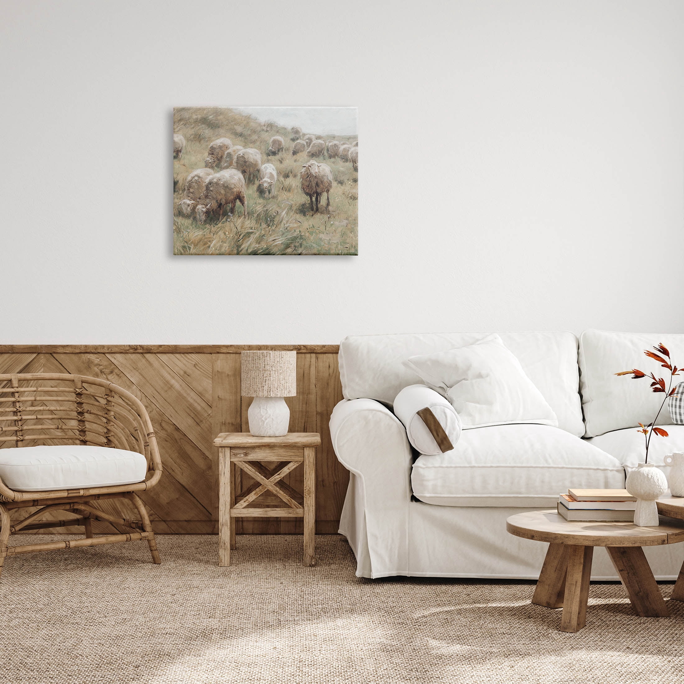 Rural Cattle Grazing Field Landscape Painting Gallery Wrapped Canvas Print Wall Art