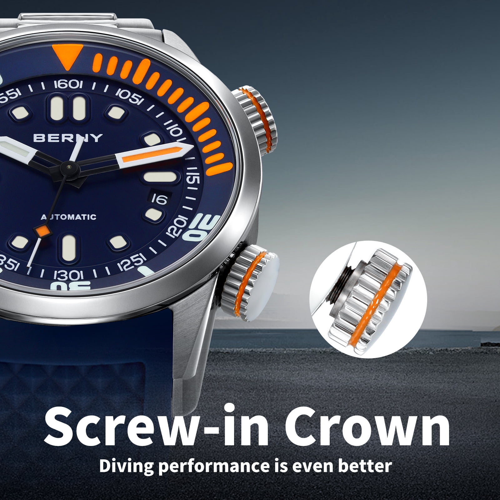 BERNY Automatic Dive Watches for Men, Sport 20ATM Waterproof Analog Mechanical Watch with Date, Super Luminous, Silicone Strap, Stainless Steel, Sapphire Crystal, Men's Pro Diver Watch (Blue)