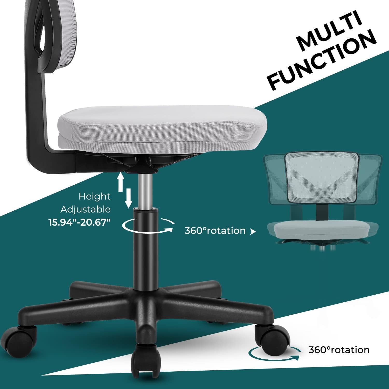 Nextay Armless Office Chair, Ergonomic Mesh Desk Chair with Swivel Wheels, Adjustable Height, Mid-Back Rolling Task Chair for Small Spaces