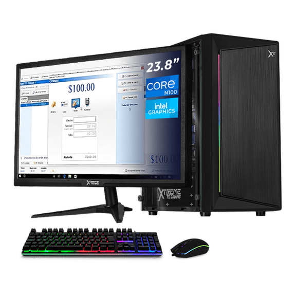 Computadora Escritorio Completa Xtreme PC Gaming Intel N100 16GB SSD 500GB Monitor 23.8 75Hz WIFI Black ideal para punto de venta, trabajo administrativo y uso diario