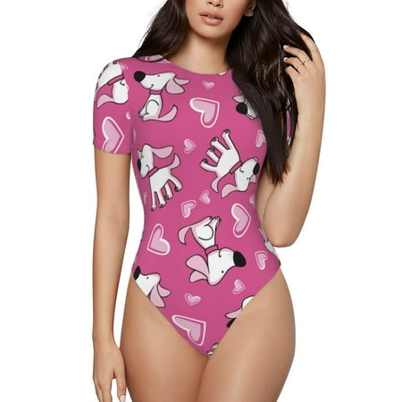 Rocae Love Dog for One Piece Round Neck Short Sleeve Bodysuits for Women Casual Basic Bodysuit Daily Jumpsuit T Shirts-Small
