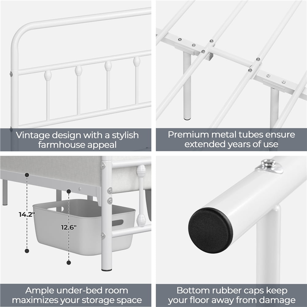 Fullfurnique Cadre de Lit Métallique Classique avec Tête et Pied de Lit Hauts, King, Blanc