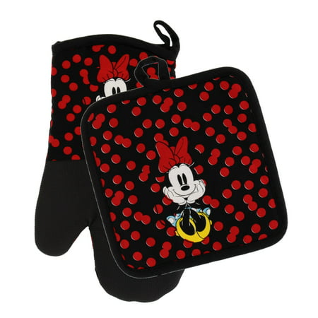 Disney Kitchen Oven Mitt/Glove and Square Potholder Set w/Neoprene for Easy Non-Slip Gripping- Protect Your Hands in The Kitchen - Heat Resistant Kitchen Accessories- Minnie Red &
