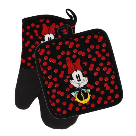 Disney Kitchen Oven Mitt/Glove and Square Potholder Set w/Neoprene for Easy Non-Slip Gripping- Protect Your Hands in The Kitchen - Heat Resistant Kitchen Accessories- Minnie Red & (Best Material For Oven Gloves)