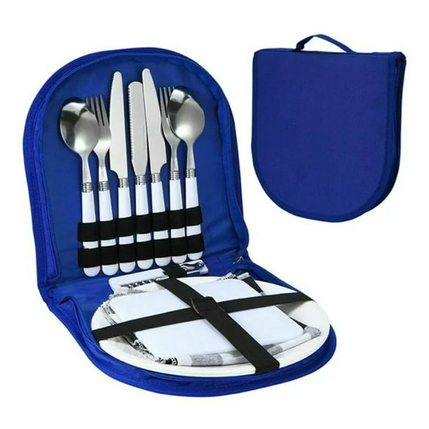 Juego de cubiertos para acampar con tenedor, cuchara, cuchillo y plato, cubiertos de viaje ligeros para senderismo al aire libre y picnic.