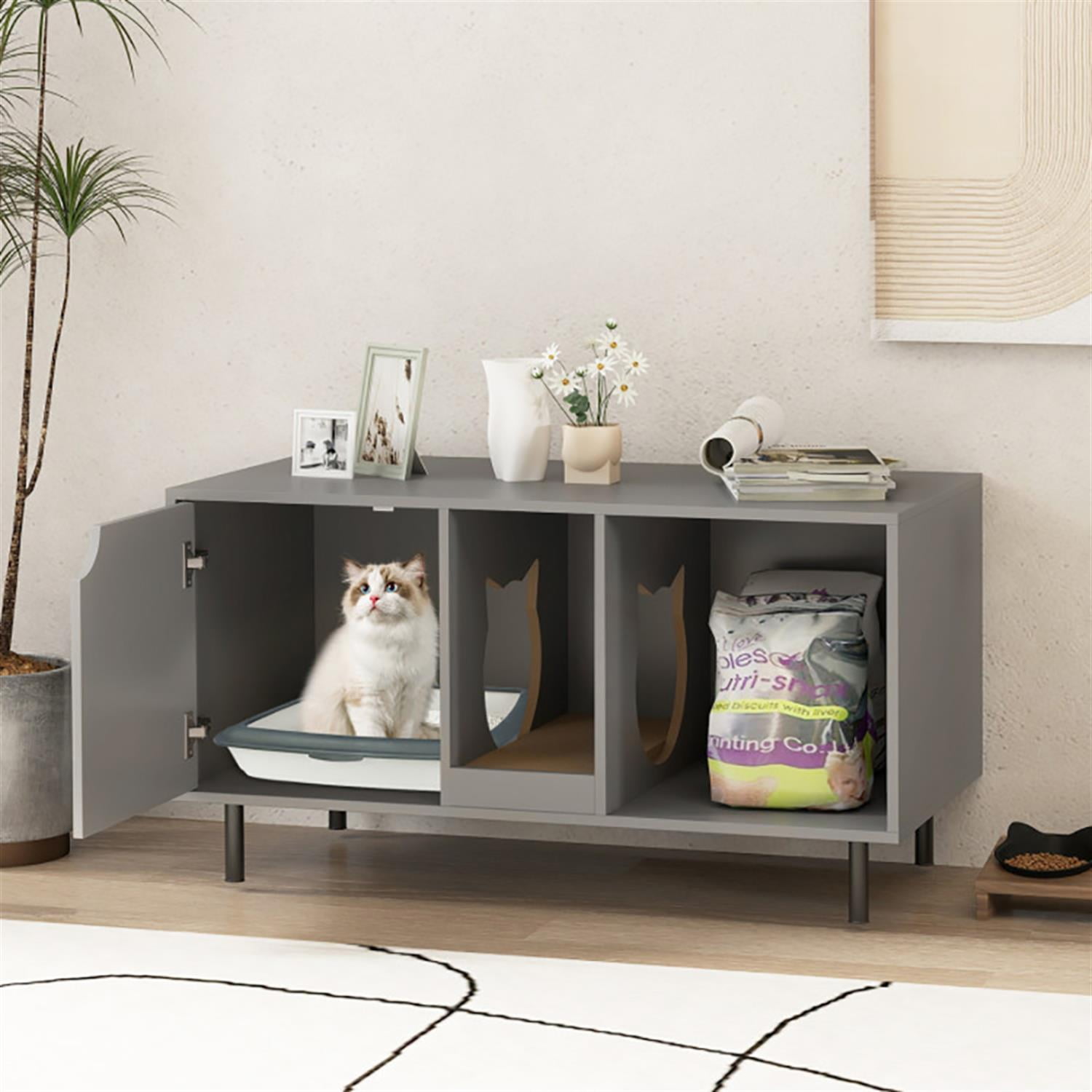 Kadyn 40" Cat Litter Box Enclosure Furniture with Scratching Board, Hidden Litter Box for Cats, Cat House Furniture for Side Table or Nightstand, Gray
