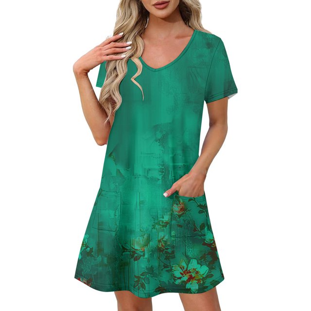 Vestido Corto de Verano Moda Gradiente Corto de Manga en V Cuello Vestido Casual, Poliéster Ligero de Verano, Lavado de Manos
