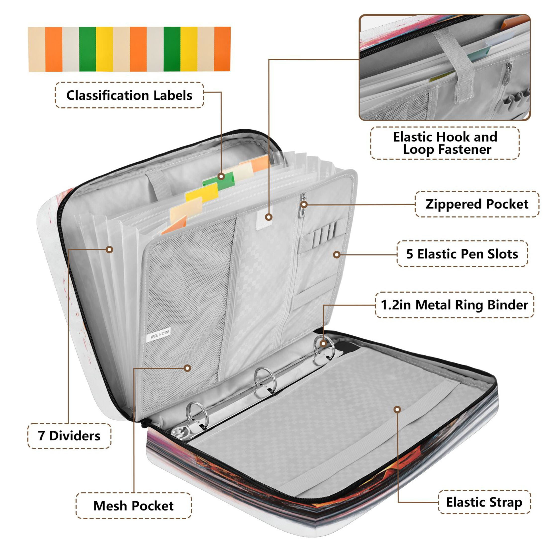3 Ring Zipper Binder with Accordion File Organizer Waterproof Back to College Binder - 7 Layer Document Organizer for Study Home Office College Travel Supplies Orange Cool Car