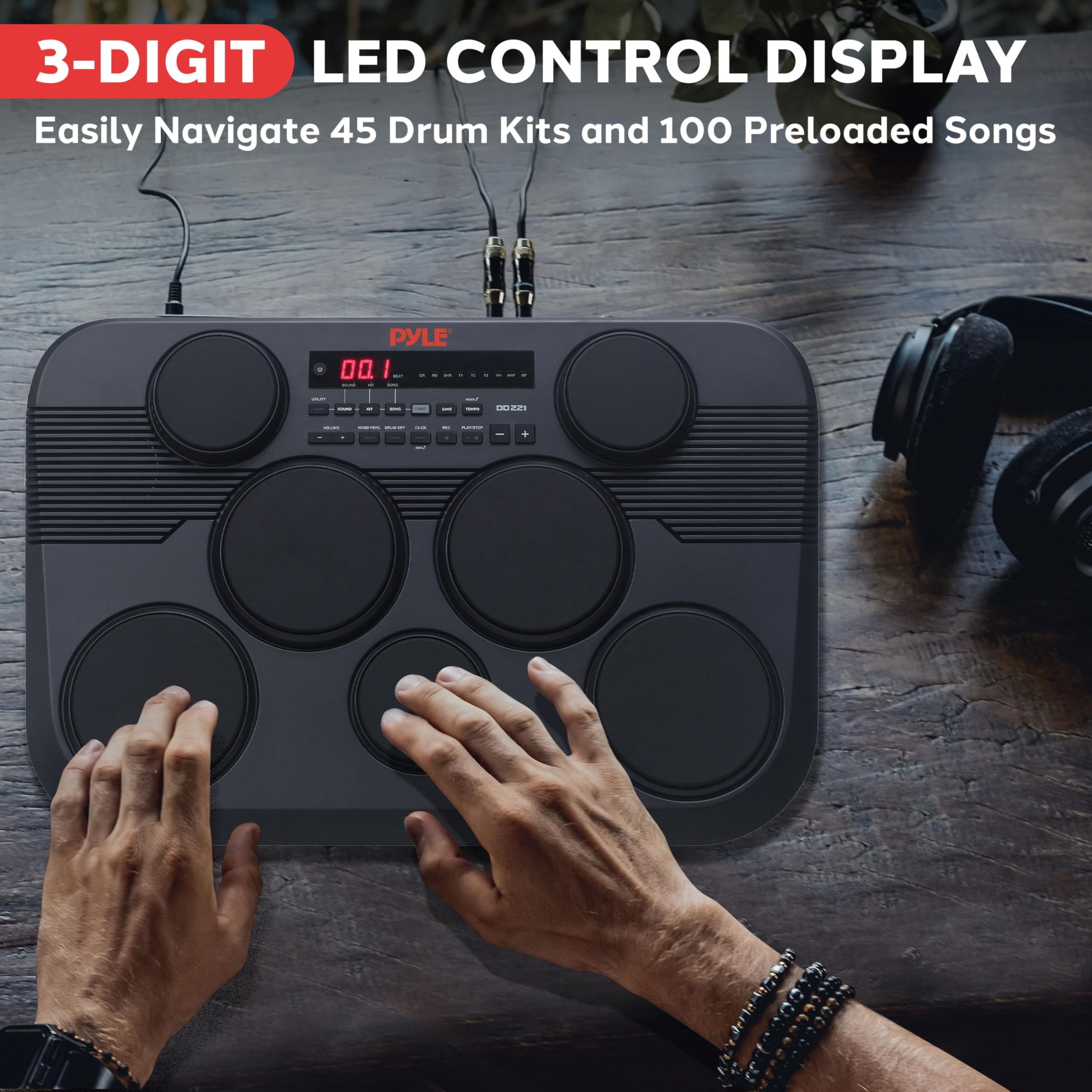 Pyle Electronic Tabletop Digital Drum Set, Compact Portable Drum Pad Kit w/ 7 Touch Sensitive Drum Pads and Pedals, 273 Sounds, USB & Headphone Outputs, MIDI/AUX Inputs, 4x5” Drums & 3x3.5” Cymbals