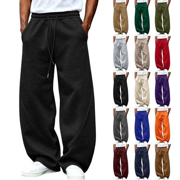 Men's Sweatpants Elastic Waist Drawstring Wide Leg Curved Seam Design Loose Straight Leg Draped Casual Streetwear Solid Color long Sweatpants with Side Pockets