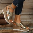 thumbnail image 2 of Gold Womens Wedge Sandals With Solid Color Round Toe Open Toe Buckle Design Casual Slip On Comfortable For Daily Use, 2 of 9