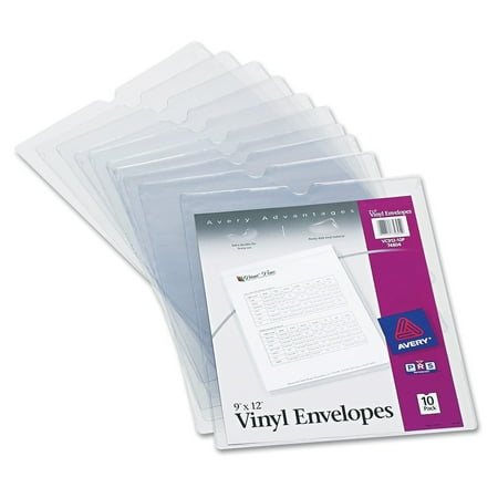 Avery Vinyl Envelopes - 74804 Top-Load Clear Vinyl Envelopes w/Thumb Notch, 9” x 12”, Clear (Pack of 10), Each envelope is sealed on three sides and features a convenient.., By Avery
