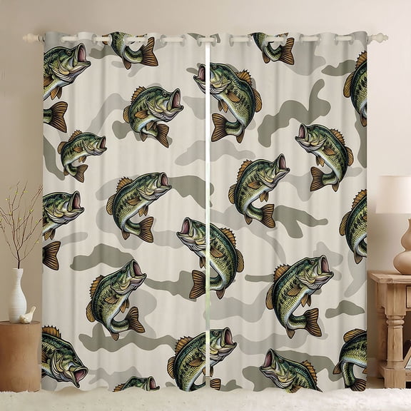 Feelyou Camo Largemouth Bass Fish Wildlife Black Out Curtains for Men Kids, Deep Ocean Curtains Pack of 2 (42x63 Each), Beige