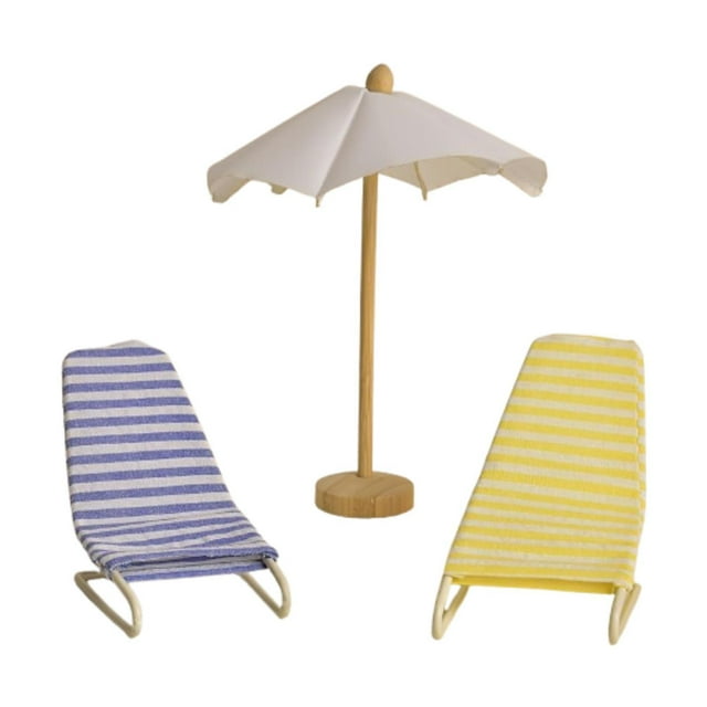 3 sillas de playa y sombrilla a escala 1/12, hechas a mano, modelo en miniatura, muebles. Amarillo azul