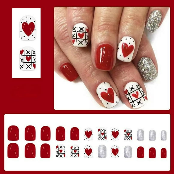 LPSSTORE Short Glossy Square Nails Color Sweet Heart Design 24 Pieces Wearable Nails Art