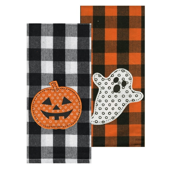 Buffalo Plaid Kitchen Halloween Towels 2 Piece Flat Embroidered, Ghost Pumpkin Orange Black Kane