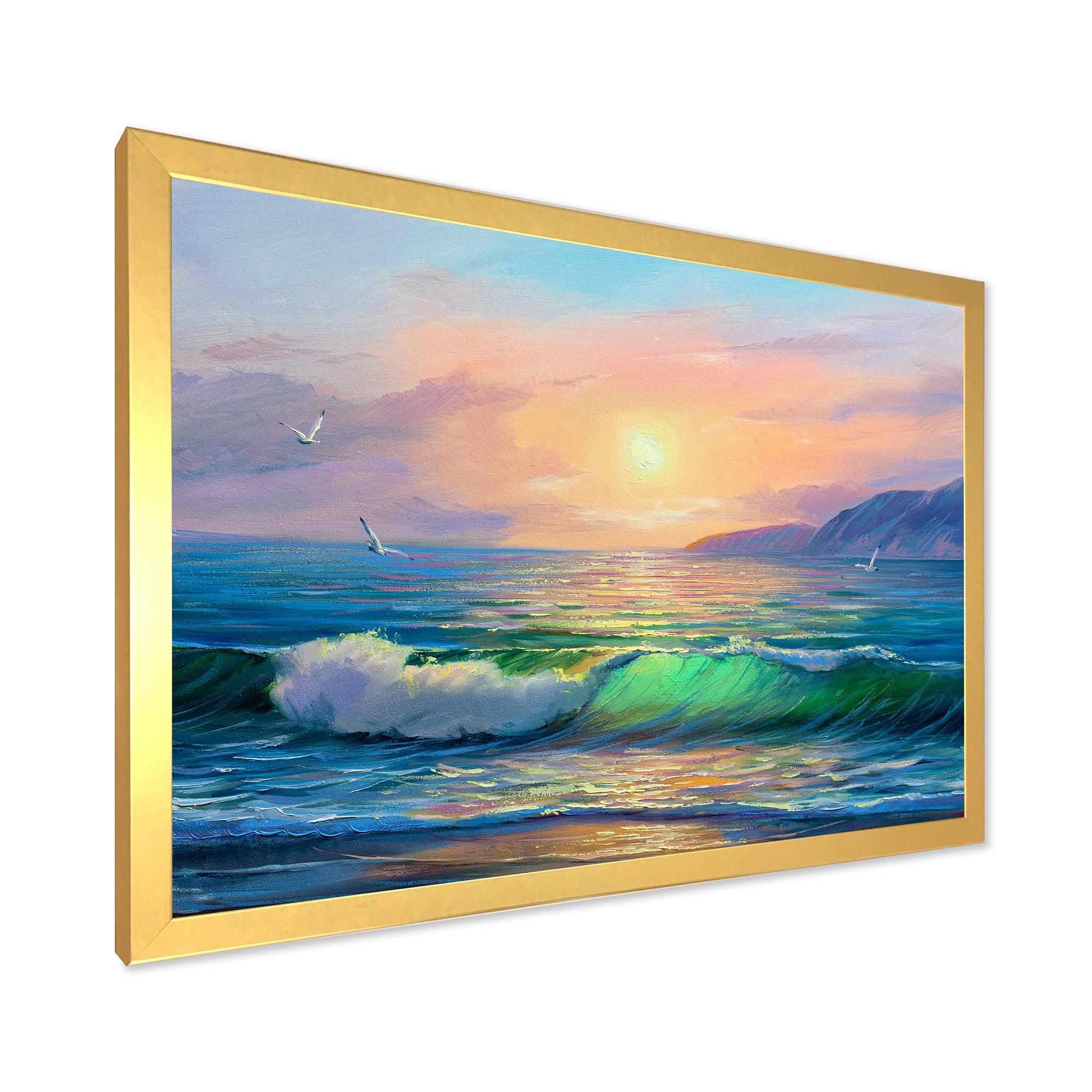 Designart 'Blue Waves Breaking At The Beach Landscape V' Nautical & Coastal Framed Art Print