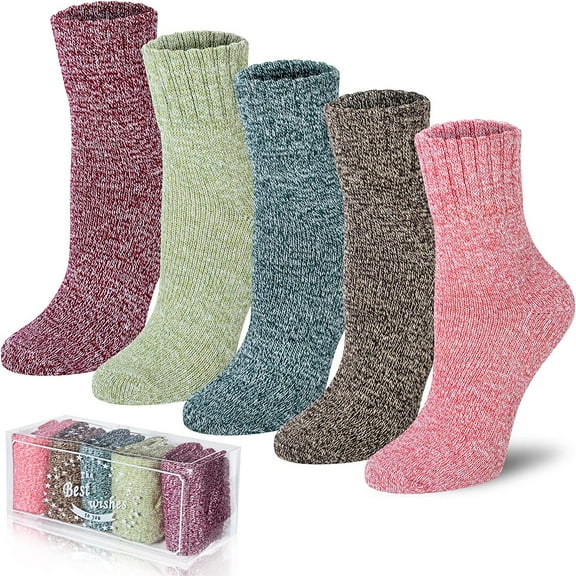 QWZNDZGR 5 Pairs Merino Wool Socks Winter Warm Thick Knit Casual Crew Cozy Socks Gifts for Women