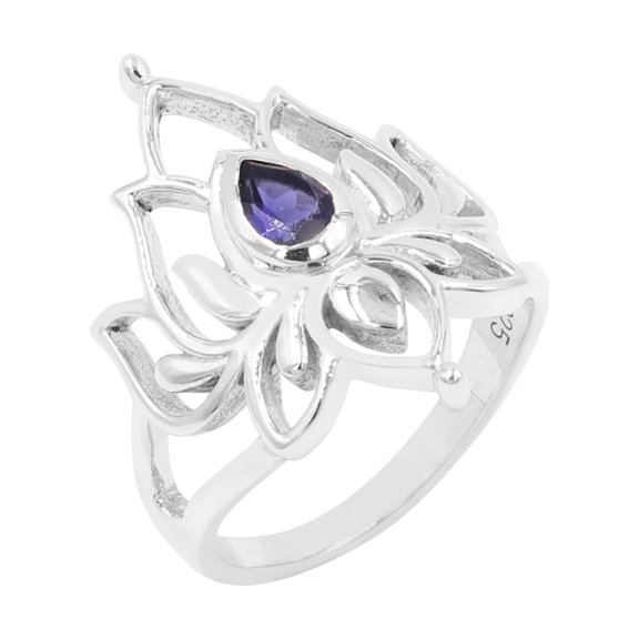 Earth Gems Jewelry Iolite Lotus Ring for Women, 925 Sterling Silver Floral Statement Ring