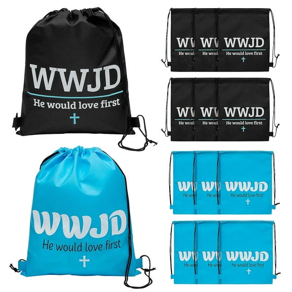 Fun Express 12" x 15" Medium WWJD Nonwoven Drawstring Backpacks - 12 Pieces