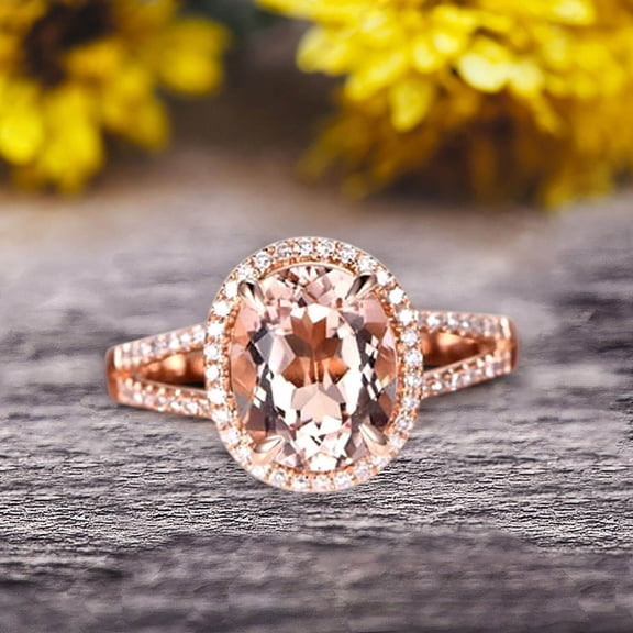 Oval Cut 10k Rose Gold Morganite Halo Engagement Ring With 1.5 Carat Split Shank