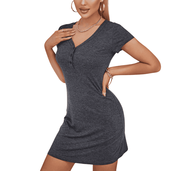 ebukurty Nightgown for Women Sexy V-Neck Soft Short Sleeves Grey Pajamas, Sizes S-XL