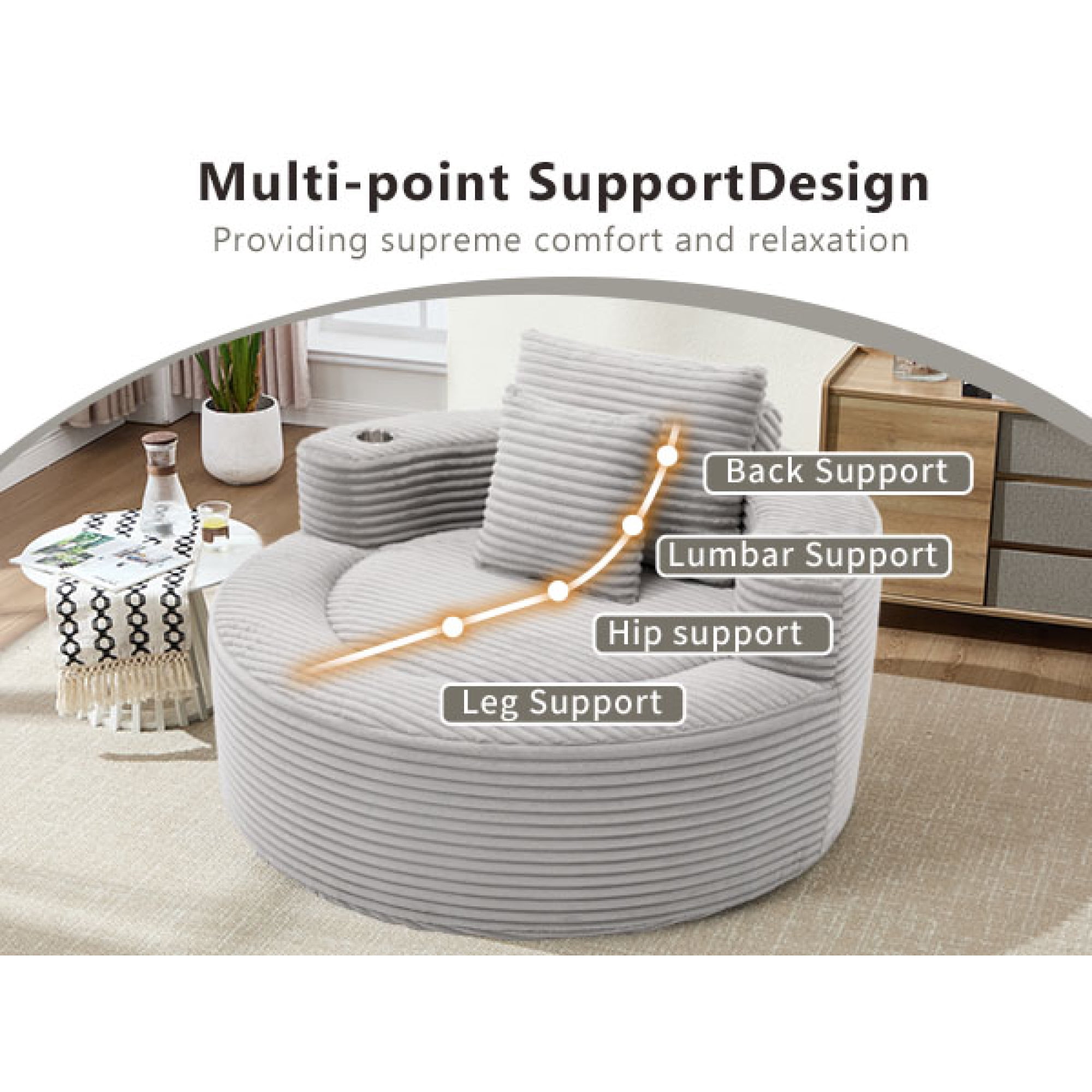 Leumius Oversized Round Chaise Lounge Sofa,Upholstered Lounge Chair with 2 Pillows and Cupholders,Boneless Sofa Couch with Memory Foam,Deep Seat Sleeper Chair for Living Room,No Assembly,Gray