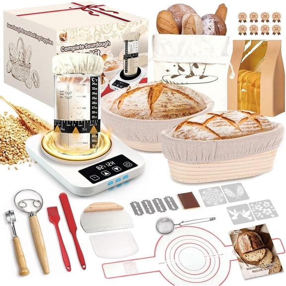 Sourdough Starter Kit with Warmer, Glass Jar and Banneton Bread Proofing Basket - Complete Sourdough Bread Baking Supplies, Sour Dough Making Essentials Tools,  for Bakers Beiginner Women Wife Mom
