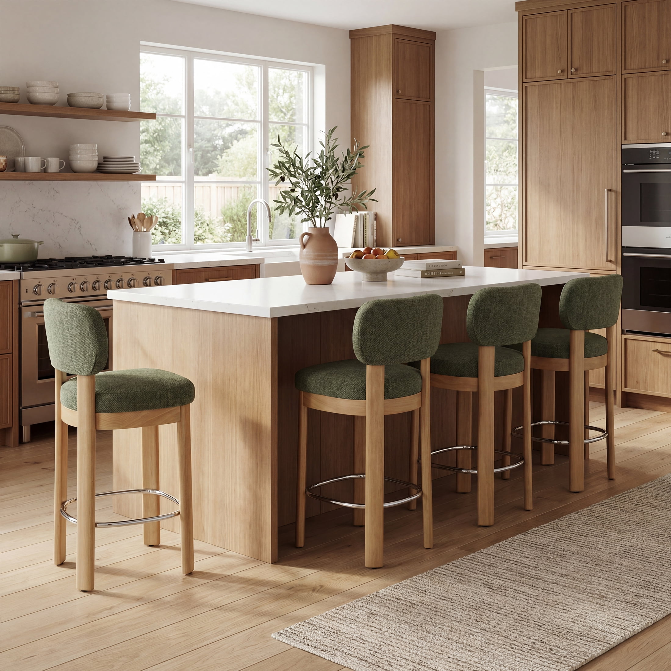 Guyou 26" Bar Stools Set of 4, Modern Chenille Upholstered Counter Height Bar Stools, Farmhouse Armless Bar Chairs with Solid Wood Legs & Padded Back for Kitchen Island/Dining Room Bar, Green