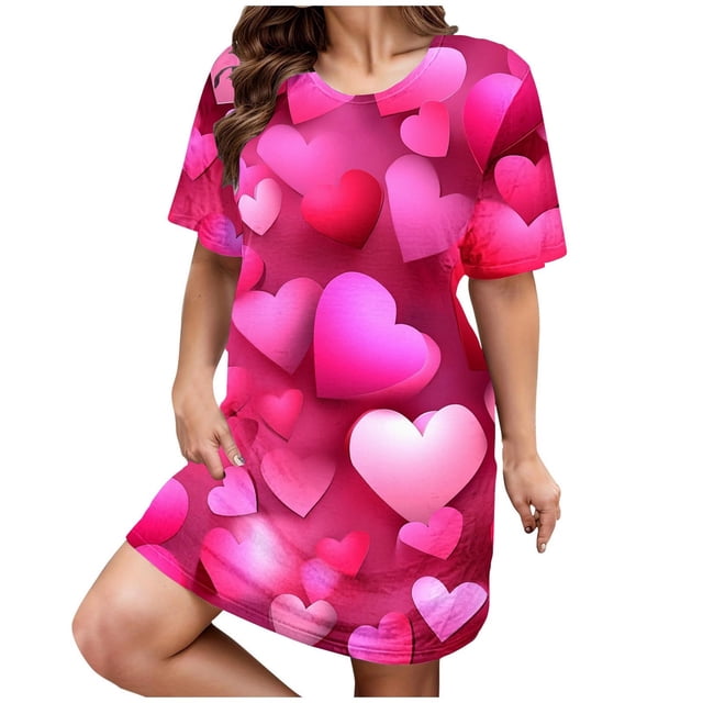Ukumplol Chemise de Nuit pour Femmes Manches Courtes Pyjamas de la Saint-Valentin Plus Imprimé Cœur Col Rond Robe de Nuit Extensible Moyenne Robe de Nuit Ample Grande Taille Rose Vif 5TG