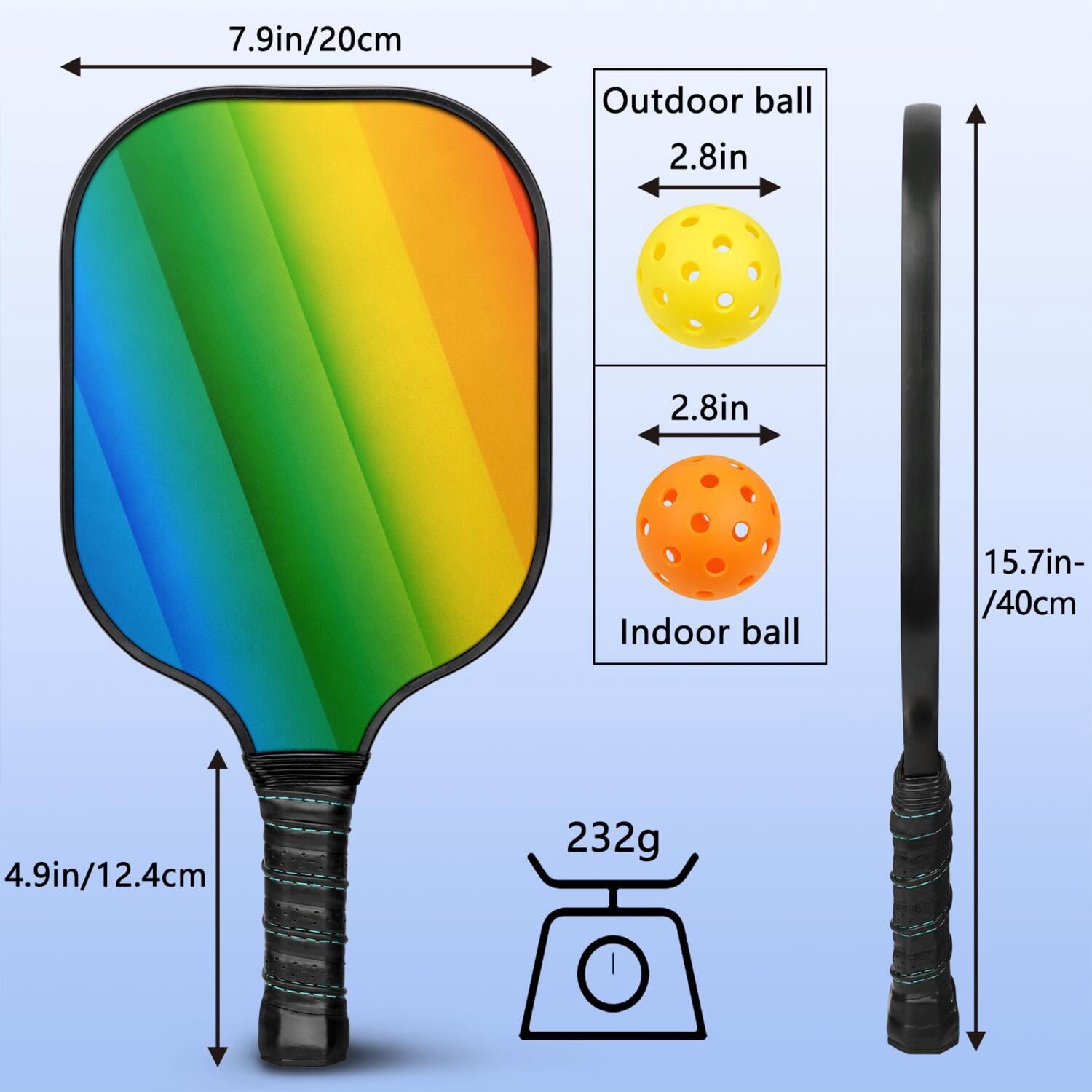 Pickleball Paddles Set Of 2, Fiberglass Surface, Vibrant Rainbow Print, 4 Balls & Bag