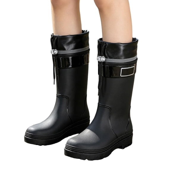 Willtoo Women's Platform Rain Boots Waterproof Anti Slip Work Shoes Mid Calf Rain Boots with Drawstring Waterproof Outdoor Rubber Boots